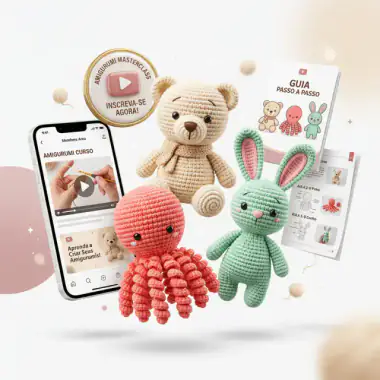 Curso Amigurumi do Zero com celular, guia e projetos de urso, coelho e polvo