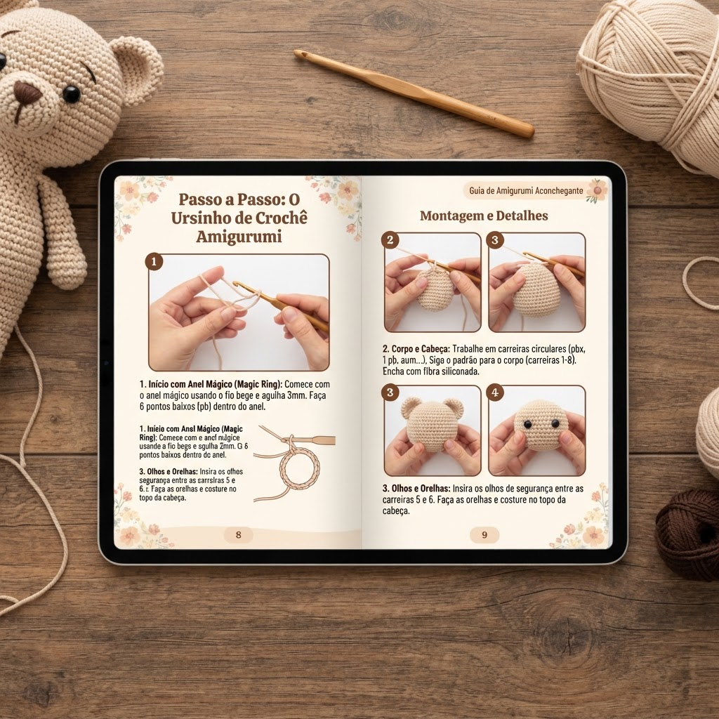 Prévia das páginas internas do ebook Amigurumi do Zero, com tutorial passo a passo